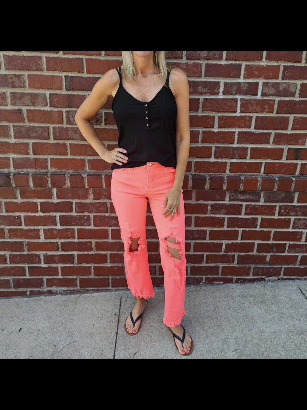 Risen Neon Coral High Rise Straight Leg Distressed Jeans Size 13 31